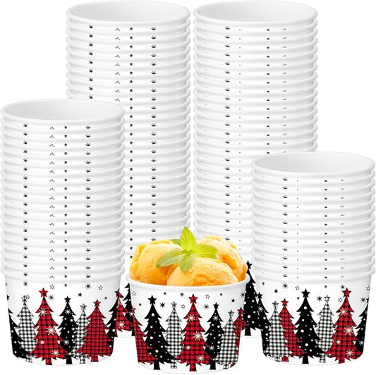50 Pack Christmas Tree Treat Snack Cups Xmas Red and Black Buffalo Plaid Paper Ice Cream Cups 9 oz Disposable Dessert Bowls Soup Bowls for Hot or Cold Food Winter Xmas Holiday Party Supplies