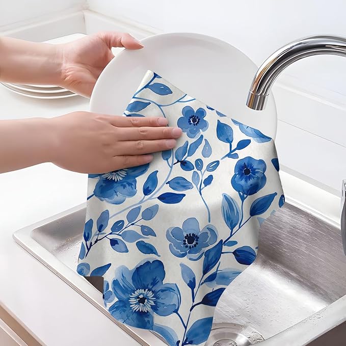 Blue Flower Kitchen Dish Towels Set of 2, Watercolor Floral Tea Towels for Kitchen Baking Cooking Spring Summer Holiday Home Decor 16"x24", Soft Absorbent Modern Hand Drying Cloth
