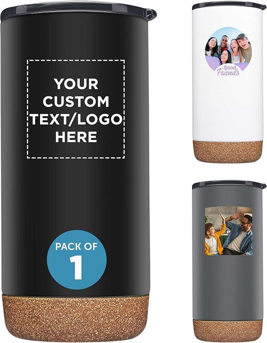 DISCOUNT PROMOS Custom Travel Tumblers with Cork Bottom 16 oz. Set of 1, Personalized Bulk Pack - Double Wall Insulated, Matte Finish, Perfect for Iced Coffee, Soda, Other Beverages - Black