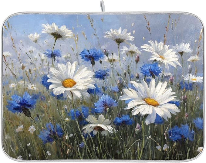 White Daisies and Cornflowers Dish Drying Mat for Kitchen Counter Super Absorbent Dishes Pad Reversible Microfiber Protector Dish Draining Mats 18x24 inch