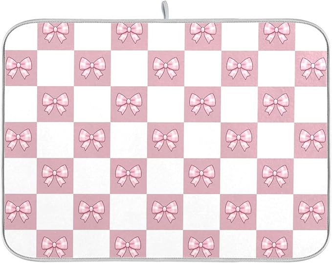 Pink White Bow Checkered Dish Drying Mat for Kitchen Counter Absorbent Dish Drainer Mats Drying Pads 18"x24"