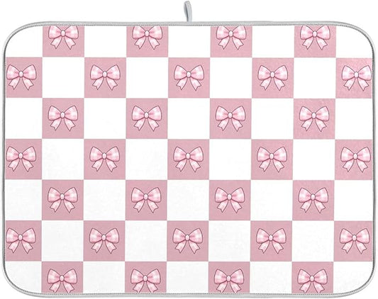 Pink White Bow Checkered Dish Drying Mat for Kitchen Counter Absorbent Dish Drainer Mats Drying Pads 18"x24"