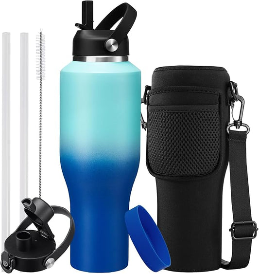 Insulated Water-Cup Skinny-Bottle 40 oz - Stainless Steel Insulated Water Bottles fits in Cup Holder, Leak Proof Metal Flask Water Cup with Straw Spout Lids for Women Men