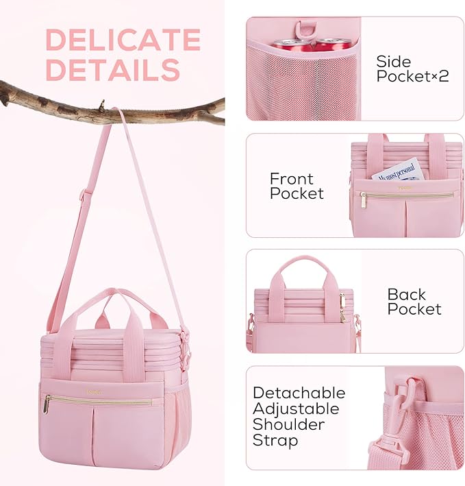 TOURIT Insulated Lunch Box Bag, Double Deck Leakproof Cooler Tote for Work Office Picnic, Expandable Lunch Container, Pink