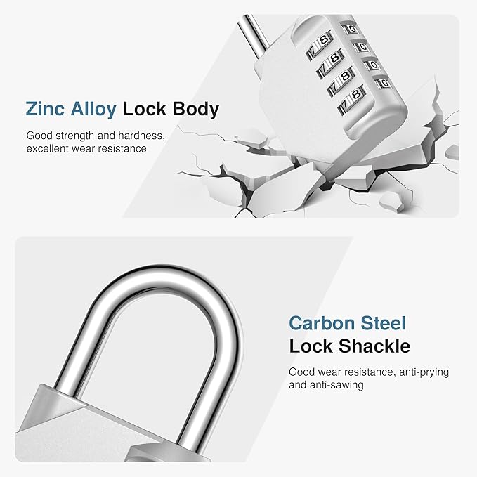 Puroma Combination Lock 4 Digit Waterproof Locker Locks Secure Outdoor Padlock for Gym Lockers, Toolboxes, Gates, Fences, Storage, Sports Locker, Cabinets (Silver)