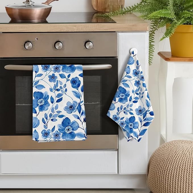 Blue Flower Kitchen Dish Towels Set of 2, Watercolor Floral Tea Towels for Kitchen Baking Cooking Spring Summer Holiday Home Decor 16"x24", Soft Absorbent Modern Hand Drying Cloth