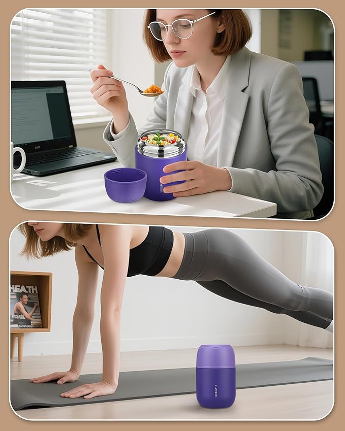 17oz Soup Thermo for Hot Food Adults Insulated Food Jar Thermo Hot Food Lunch Container Wide Mouth Stainless Steel Lunch Box for Kids with Folding Spoon Cleaning Brush Purple