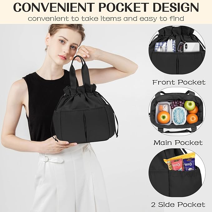 VS VOGSHOW Cute Lunch Bag Women Reusable Insulated Drawstring Lunch Bag 16 Cans Large Capacity Lunch Box for Work Picnic Outdoor (Black)