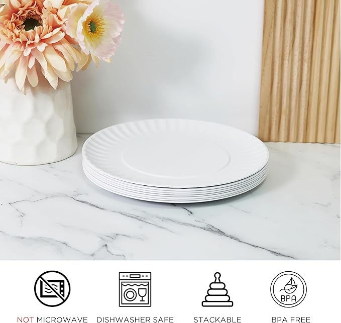 TP Melamine Plates Set of 8, 8-Inch Lightweight Reusable Plates for Picnic, Party, BBQ & Camping, Dishwasher Safe Tableware for Salads, Appetizers & Desserts, White