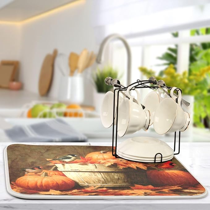 Pumpkins Autumn Leaves Birds Dish Drying Mat for Kitchen Counter Super Absorbent Dishes Pad Reversible Microfiber Protector Dish Draining Mats 18x24 inch