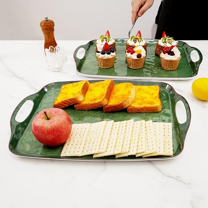 TP Serving Trays with Handles, 17 Inch Large Rectangular Melamine Serving Platter Set of 2, Retro Green