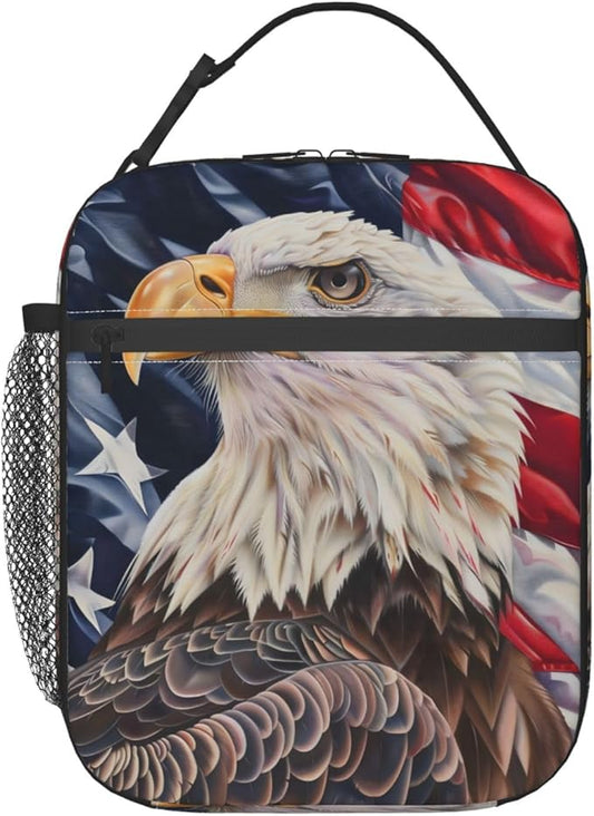 Patriotic Eagle Lunch Box for Women Men, Insulated Cooler Majestic Bald Eagle & Flag Lunch Bag for School, Picnic, Office, Travel, Work, Portable Reusable Polyester Thermal Tote Lunch Bags