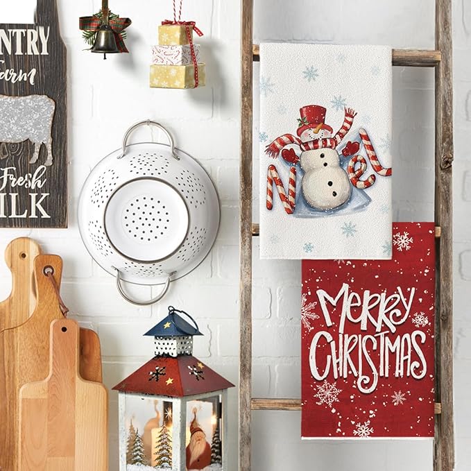 Artoid Mode Snowman Merry Christmas Kitchen Towels Dish Towels, 18x26 Inch Farmhouse Holiday Joy Snowflake Winter Decoration Cleaning Set of 4