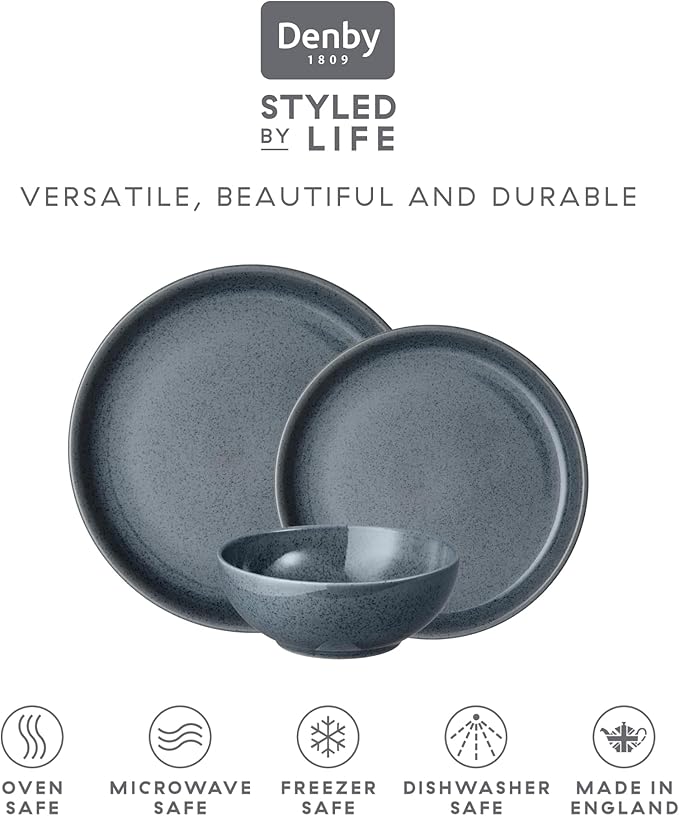 Denby - Dark Grey Speckle Dinner Set For 4-12 Piece Reactive Glaze Ceramic Stoneware Tableware Set - Dishwasher Microwave Oven Safe - Scratch Chip Resistant