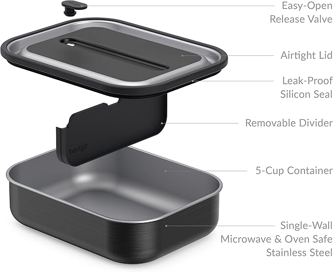 Bentgo MicroSteel Leak-Proof Lunch Box - Microwave-Safe, Oven-Safe, Bento-Style Container with Removable Divider, Airtight Lid, Sustainable Design, Odor & Stain Resistant (Carbon Black)