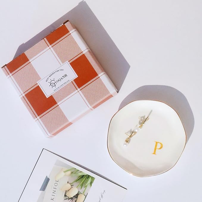 Ceramic Jewelry Tray Initial Ring Dish Personalized P-Monogrammed Engagement Wedding Gifts, for Birthday Mother's Day Christmas for Women, Ceramic White 4.75" (P)