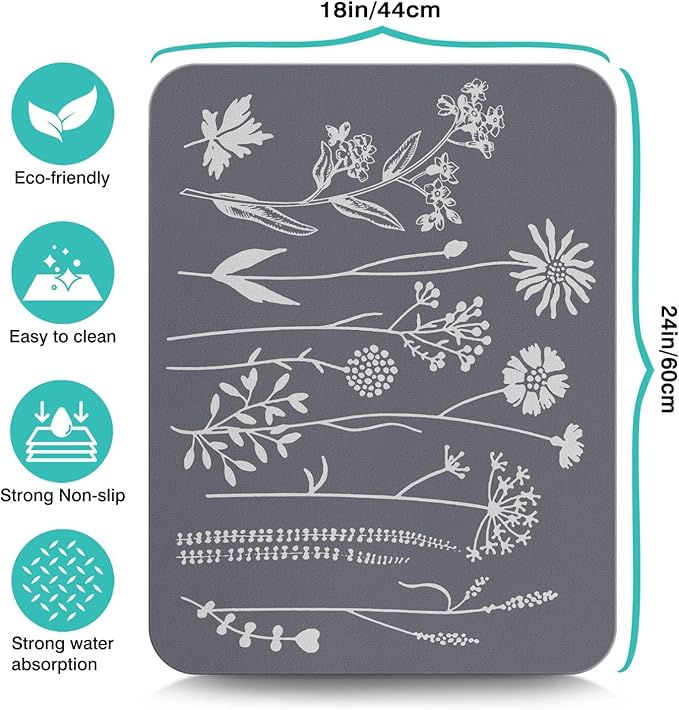 Rubber Dish Drying Mat for Kitchen Counter Large Grey Washable Quick Home Coffee Pad Fit Under Sink,Bar,Utensils or Stemware (24x18in)