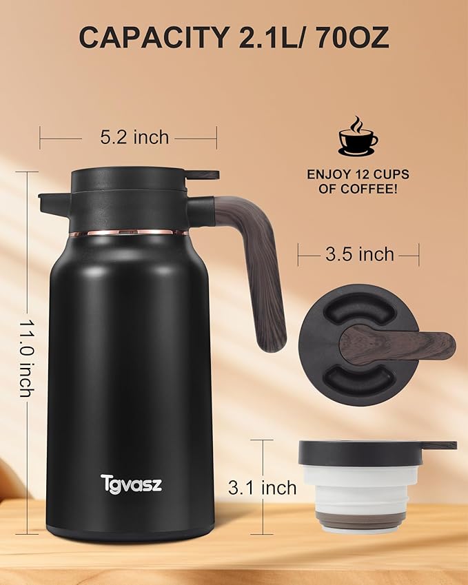 2 PCS Thermal Coffee Carafe 70 oz - 36 Hour Hot Stainless Steel Carafes for Hot Liquids-Insulated Coffee Carafes For Keeping Hot/Cold Coffee, Tea, Water, Drink Dispenser for Parties(Black/Black)