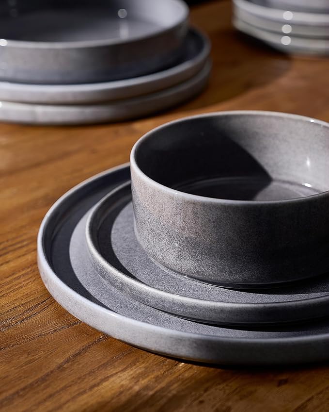 Famiware Annecy Plates and Bowls Sets, Service for 4 (16 Pieces), Dinnerware Sets with Pasta Bowls, Microwave and Dishwasher Safe Dishes Set, Chip and Scratch Resistant, Misty-Blue