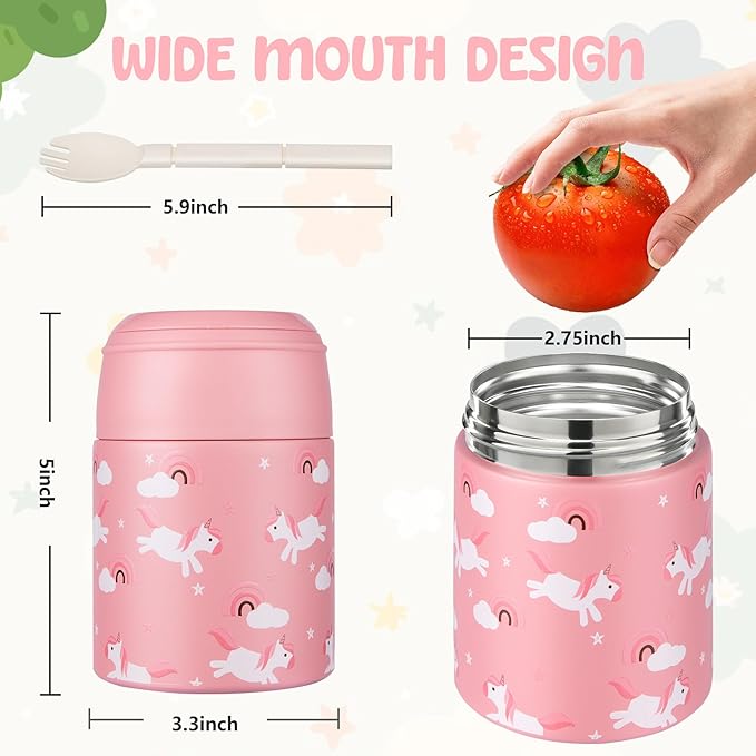 10oz Soup Thermo for Hot Food Kids Insulated Food Jar with Spoon Wide Mouth Stainless Steel Lunch Container Leak Proof Vacuum Food Box for School Travel Picnic Pink Unicorn