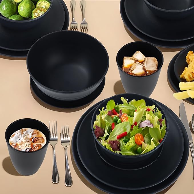 Wrova Wheat Straw Dinnerware Set of 40 Pieces - 10" & 9" Plates, 6" Snack Plates, 26oz & 12oz Bowls & Cups - Unbreakable, Microwave & Dishwasher Safe - Black