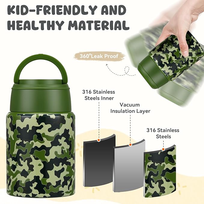 17oz Soup Thermo for Hot Food Kids Insulated Food Jar,Thermo Hot Food Lunch Container, Width Mouth Stainless Steel Lunch Box for Kids with Handle Folding Spoon(Army Green - Camouflage)