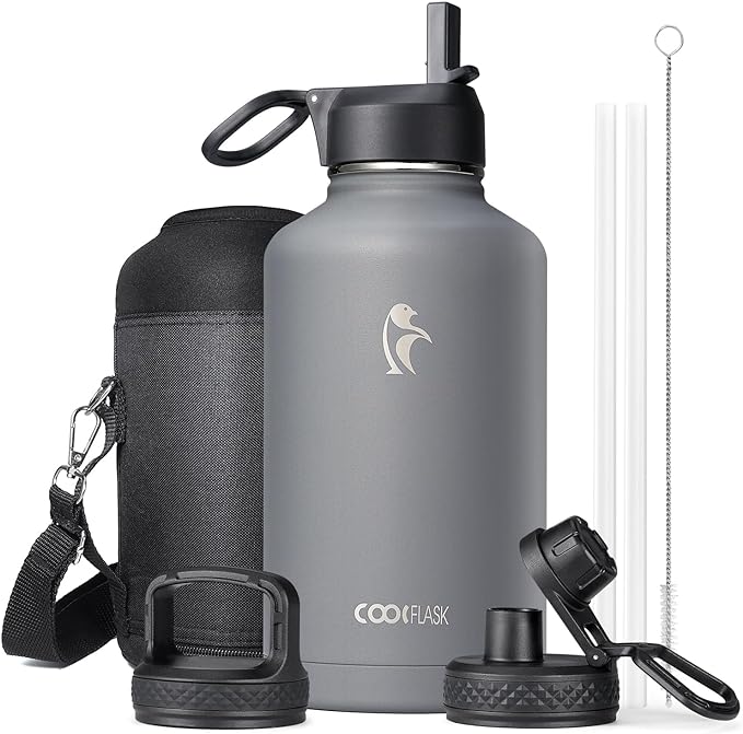 64 oz Insulated Water Bottle with Straw & 3 Lids, Coolflask Half Gallon Water Jug Large Metal Stainless Steel Wide Mouth for Sports, Gym or Office, Non-BPA Keep Cold 48H Hot 24H, Knight Grey