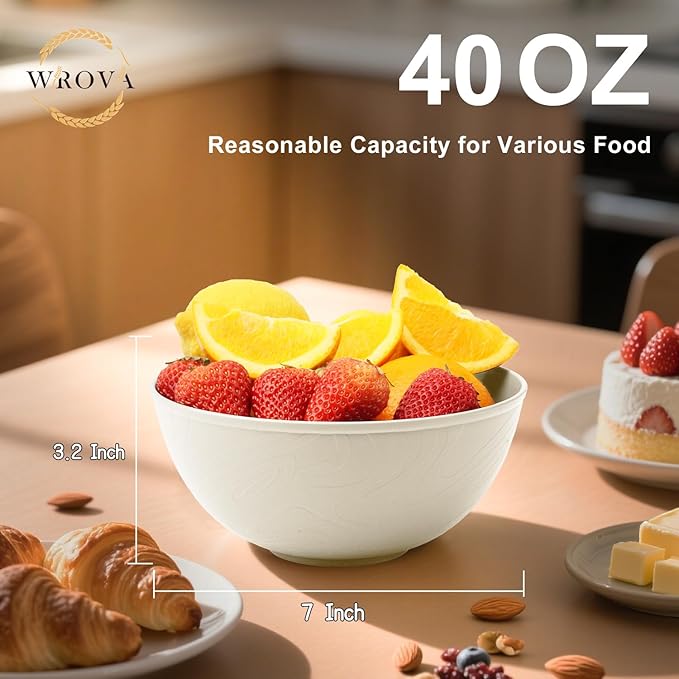 Wrova Beige Wheat Straw Bowls for Cereal and Salad,Alternative Plastic Bowls Set of 6,40oz Unbreakable Soup Bowls suitable for Kitchen,Party,Camping and R.V.