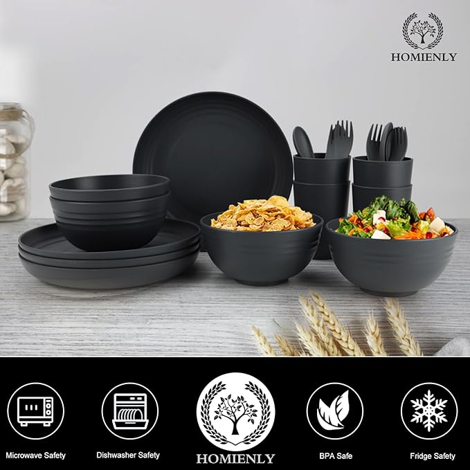 Homienly Wheat Straw Dinnerware Sets, Homienly 20pcs Unbreakable Microwave Dishwasher Safe Tableware Lightweight Bowls, Cups, Plates Set Reusable Dinner Plates Bowls set (Matte Black)