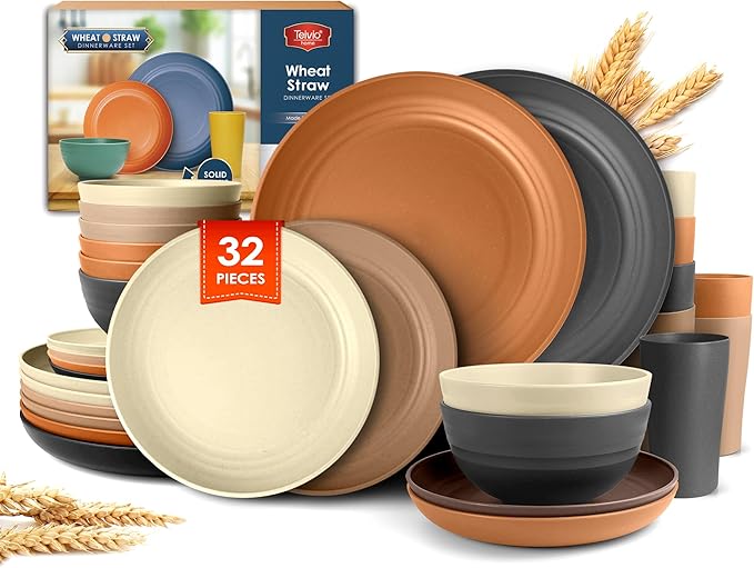 Teivio 32-Piece Kitchen Plastic Wheat Straw Dinnerware Set, Service for 8, Unbreakable Plates, Bowls and Cups Set, Farmhouse Outdoor Camping Dishes for Rustic Life/Country/Vintage, Saddle Ombre