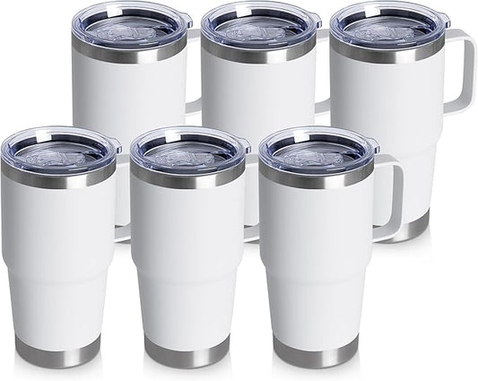 20oz Tumbler Bulk with Lid, Stainless Steel Tumbler Bulk with Handle, Metal Insulated Travel Coffee Mug Set with Handle, Double Wall Vacuum Leak Proof Tumbler Cup, White 6 Pack