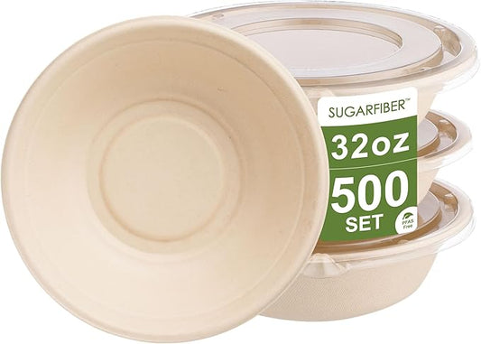 [500 COUNT]Harvest Pack PFAS FREE 32oz Round Paper Bowls with Flat Lids - Compostable Heavy-Duty Eco-Friendly Disposable Bagasse Bowl Sugarcane made plant fibers for Meal Prep