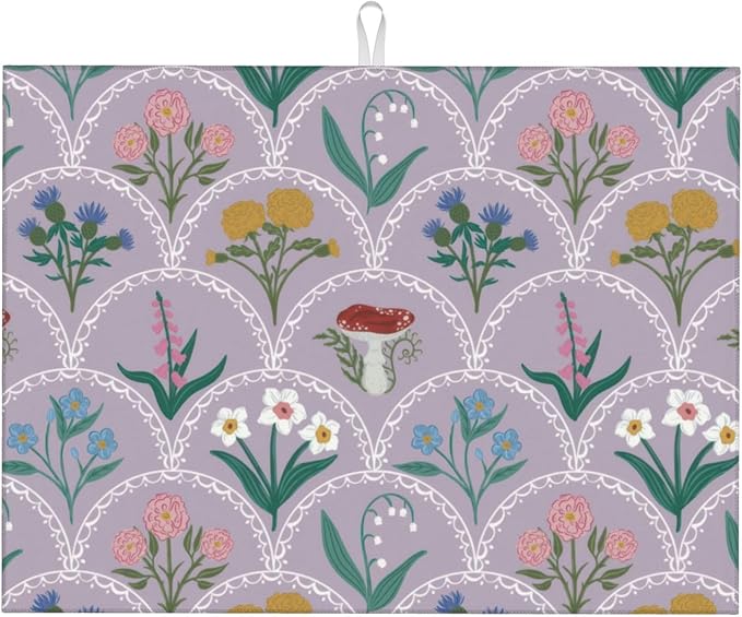 Vintage Flowers Dish Drying Mat 18x24 Inch, Microfiber Absorbent Fast Dry Mat Mushroom Floral Large Dish Mat Drying Kitchen Mat, Kitchen Drying Pad for Kitchen Counter Coffee Bar Decor Gifts