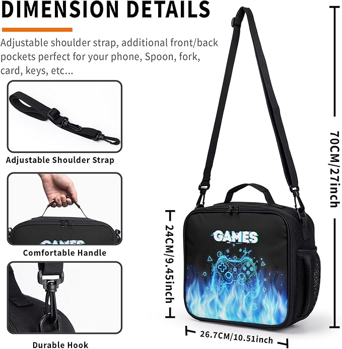 Video Game Lunch Box for Boys Insulated Gamepad Lunch Bag for Kids Reusable Cool Game Gamer Lunchbox Portable Lunch Tote With Adjustable Shoulder Strap for Teens Women Men Work School Travel Picnic