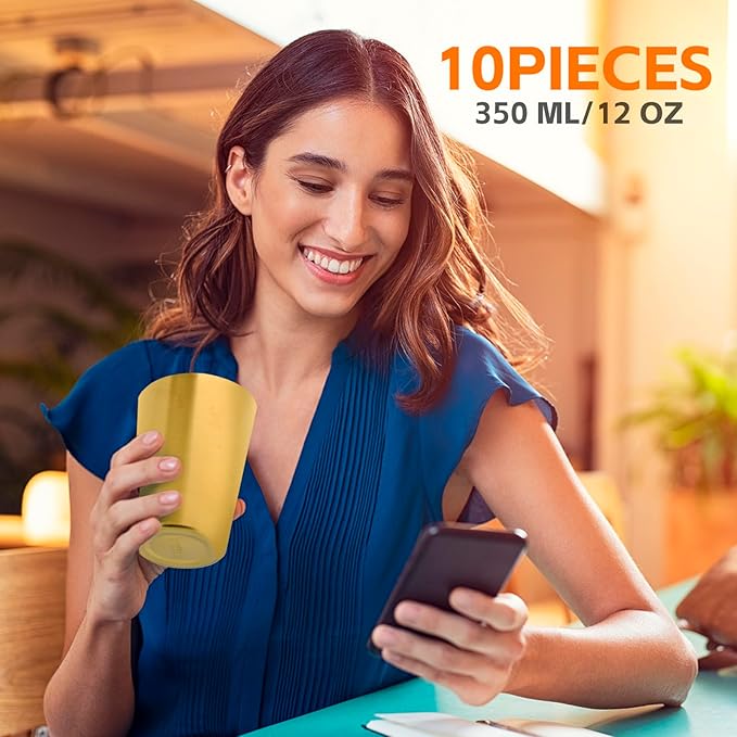 10 Pack 12 oz Stainless Steel Insulated Cup, Double Wall Vacuum Small Metal Cup, Reusable Camping Cups Unbreakable Indoor Outdoor for Party, Home, Office, BBQ, Gold