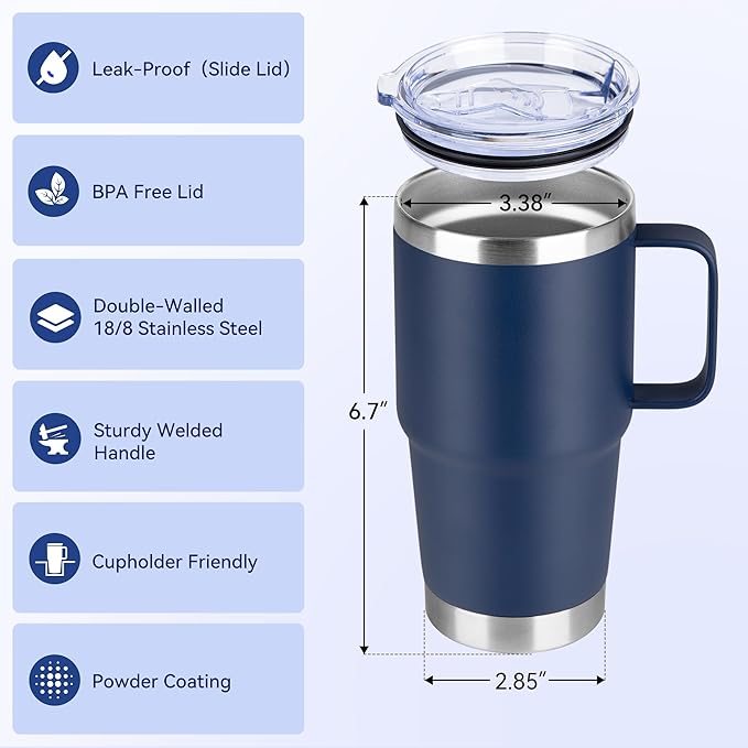 20oz Tumbler Bulk with Lid, Stainless Steel Tumbler Bulk with Handle, Metal Insulated Travel Coffee Mug Set with Handle, Double Wall Vacuum Leak Proof Tumbler Cup, Navy 6 Pack