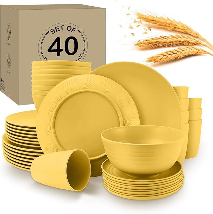 Wrova 40Pack plates and bowls sets for kids - Unbreakable wheat straw dinnerware sets service for 8 - Alternative plastic 40pcs dish sets for kitchen, camping and indoors dinning - (Yellow)