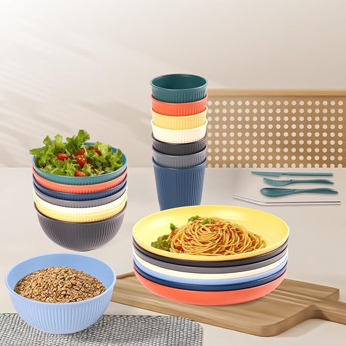 64PCS Wheat Straw Dinnerware Set for 8 BPA Free Kitchen Unbreakable Set for Home Outdoor Camping