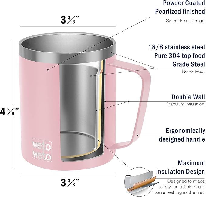 WETOWETO 14 oz Coffee Mug, Vacuum Insulated Camping Mug with Lid, Double Wall Stainless Steel Travel Tumbler Cup, Coffee Mugs Outdoor, Powder Coated Ice Pink