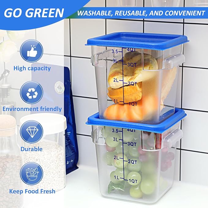 Yungyan 12 Pcs 4 Qt Commercial Food Storage Containers with Lids Restaurant Square Airtight Food Storage Containers Clear Cereal Containers for Kitchen Freezer Dishwasher Pantry(Blue Lid)