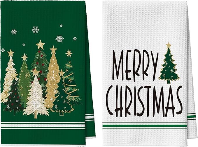 Artoid Mode Green Star Xmas Tree Merry Christmas Kitchen Towels, 18x26 Inch Quick Dry Microfiber Cloth Dish Towels for Kitchen Drying Set of 2