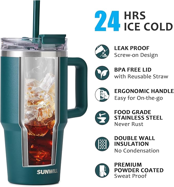 SUNWILL Coffee Tumbler with Handle, 20 oz Travel Mug with Lid and Straw Insulated, Stainless Steel Cup Leak Proof for Travel & Outdoor, Cupholder Friendly, Powder Coated Deep Teal