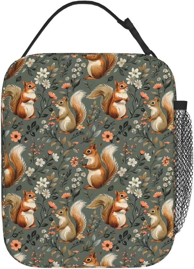 Reusable Squirrel Lunch Box for Kids, Insulated Woodland Floral Green Bag,Polyester Cooler Nature Lovers Handbags Case for School Work Picnic Travel Beach or Hiking, Gifts