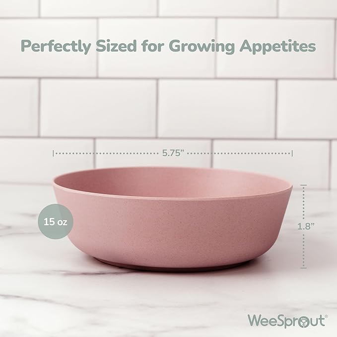 WeeSprout Bamboo Kids Bowls with Lids, Set of Four 15 oz Kid-Sized Dinnerware, Cereal, Leftovers & Snack Bowl, Dishwasher Safe (Pink, Green, Gray, & Beige)