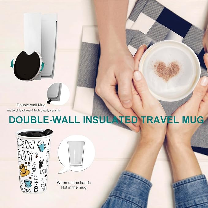 Ceramic Travel Coffee Mug, 12 oz, Portable, Travel Mug with Lid, Double Wall Tall Cup, To Go Tumbler for Car Cup Holder, Splash Resistant Lid, Dishwasher Safe, Gifts for Women Men Her Him (New Day)