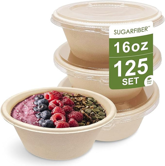 [125 SET]Sugarfiber by Harvest Pack 16oz PFAS FREE Round Paper Bowls with Flat Lids, Heavy-Duty Eco-Friendly Disposable Bagasse Bowls Sugarcane Natural for Acai Bowl Meal Prep Takeout Dinnerware