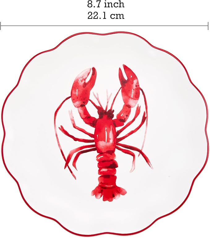 Bico Ocean Wonders Scalloped Salad Plates Set of 4, 8.75 Inch Ceramic Dessert Plates for Salad, Appetizer, Side Dishes, Microwave and Dishwasher Safe, Gift for Housewarming and Christmas