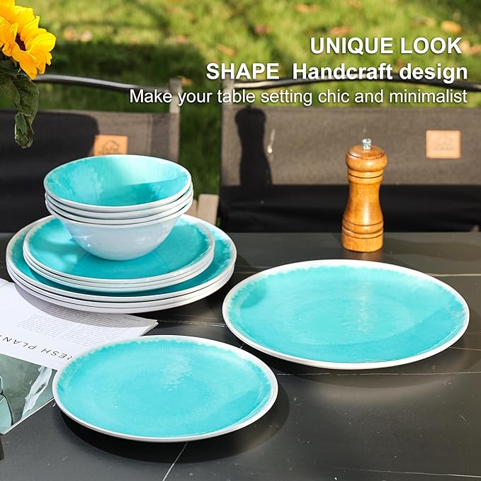 Melamine Dinnerware Sets 12 Pcs, Melamine Plates and Bowls,Party Plates and Bowls Sets, Camping Dishes Set for 4, Unbreakable, BPA Free, Dishwasher Safe （Lake Green）