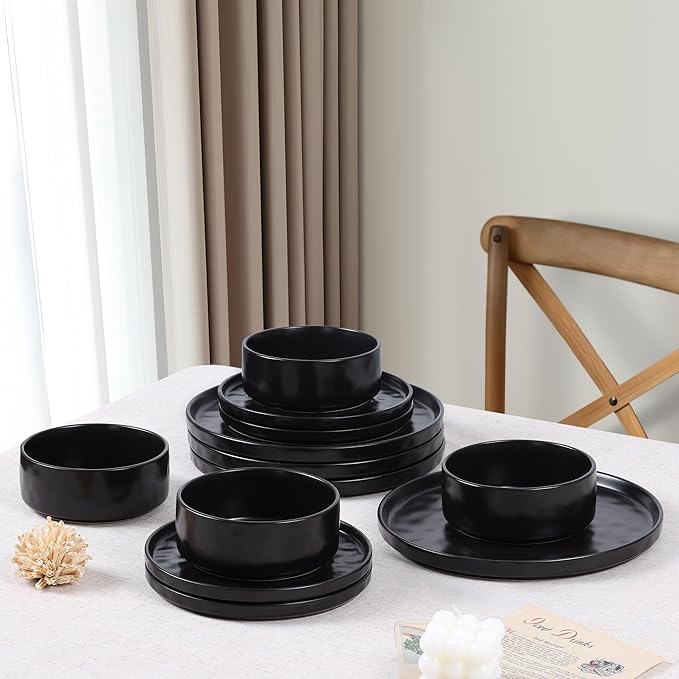 LIANYU Dinnerware Dishes Sets for 2, 6 Piece Stoneware Plates and Bowls Dishware Set, Ceramic Dinning Ware Includes Dinner Salad Plates, Cereal Bowls, Chip & Scratch Resistant, Obsidian Matte Black