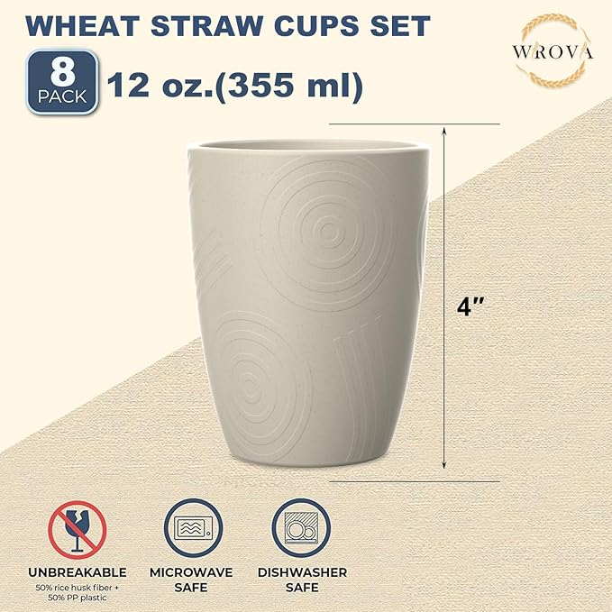 Wheat Straw Cups 8 PCS Good Alternative to Plastic Reusable Cups 12 oz Unbreakable Drinking Cup Reusable Dishwasher Safe Water Plastic Glasses (Beige)